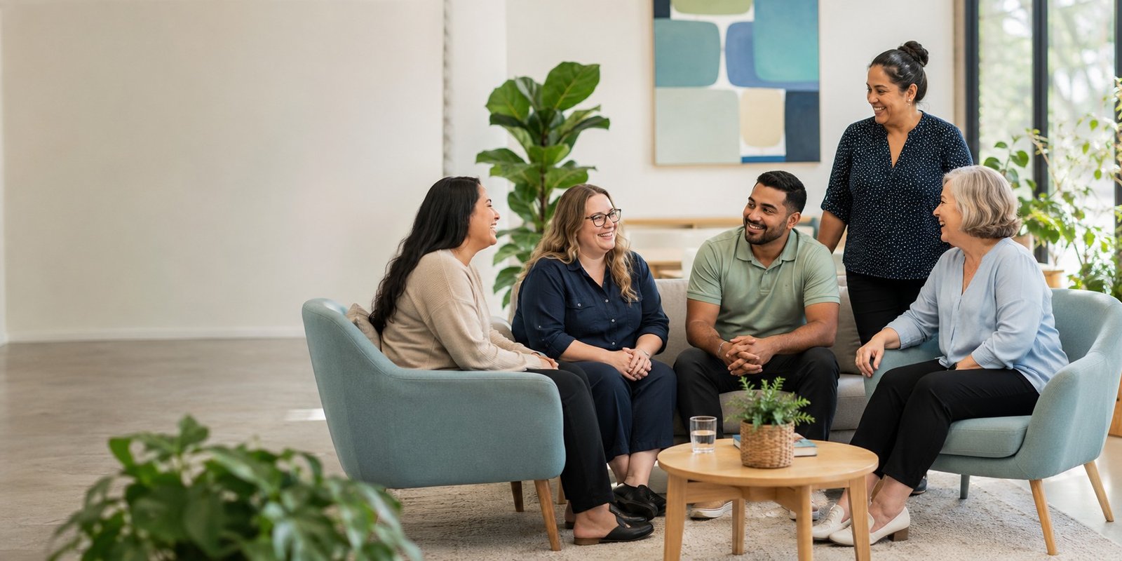A warm, friendly team of support workers chatting and smiling together in a bright, welcoming space