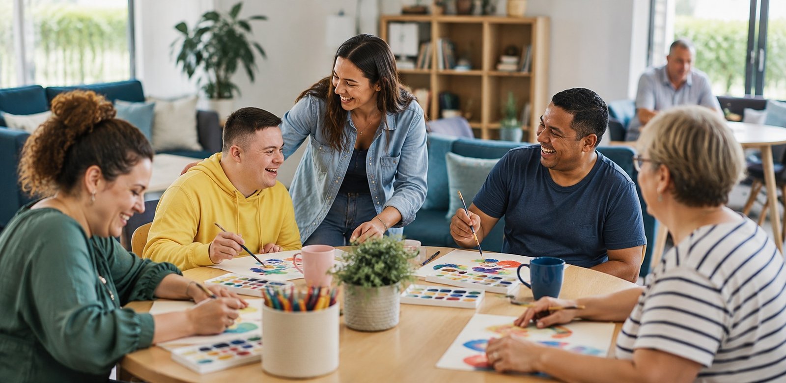 People enjoying a relaxed group activity together with a friendly support worker