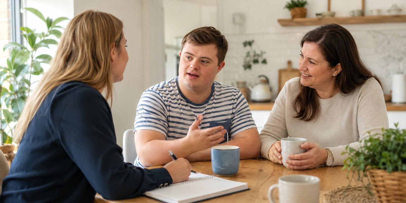 A warm, unhurried conversation between a support worker, a participant and a family member at a kitchen table with a cup of tea