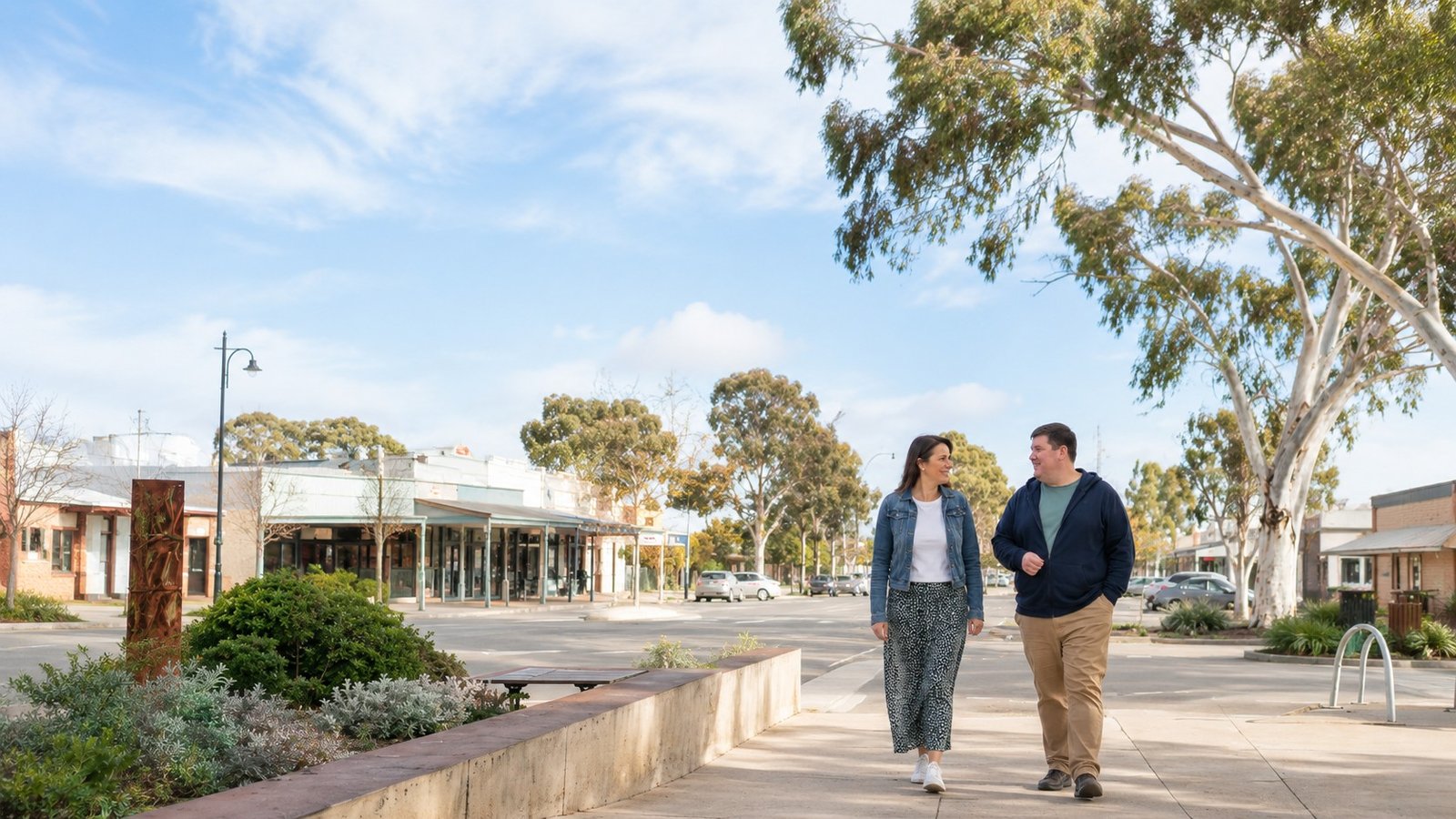 A support worker and a young person out together in a friendly Australian town centre