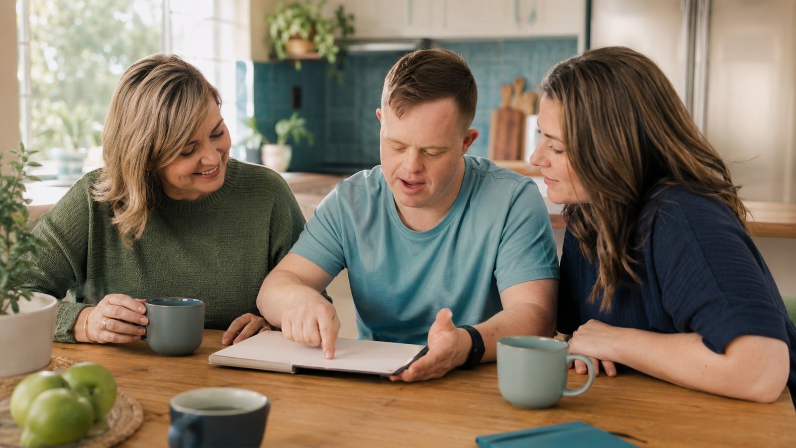 A person and a support worker going through NDIS information together at a table