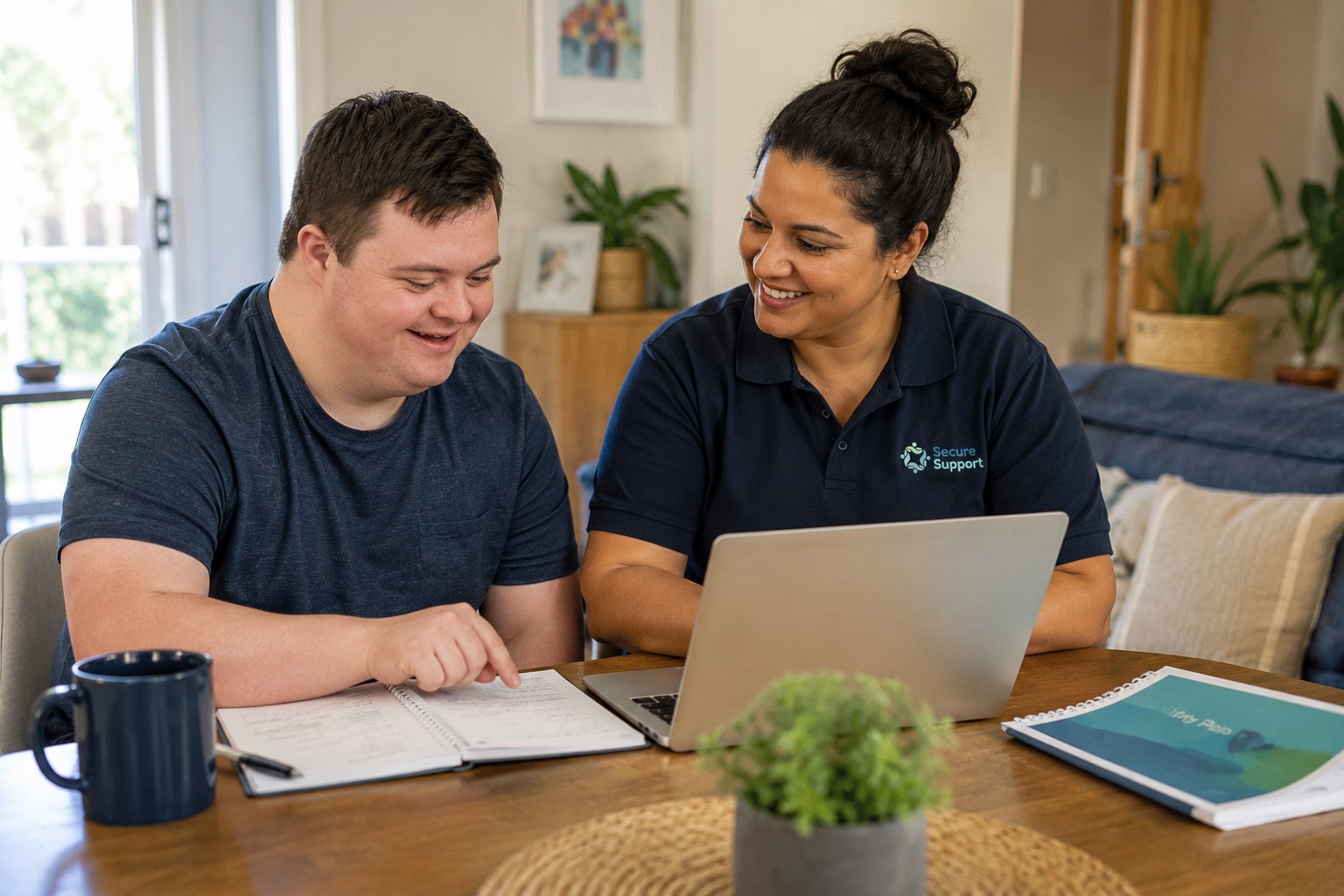 A participant and a support worker going over a simple NDIS plan together at a table with a laptop and notebook