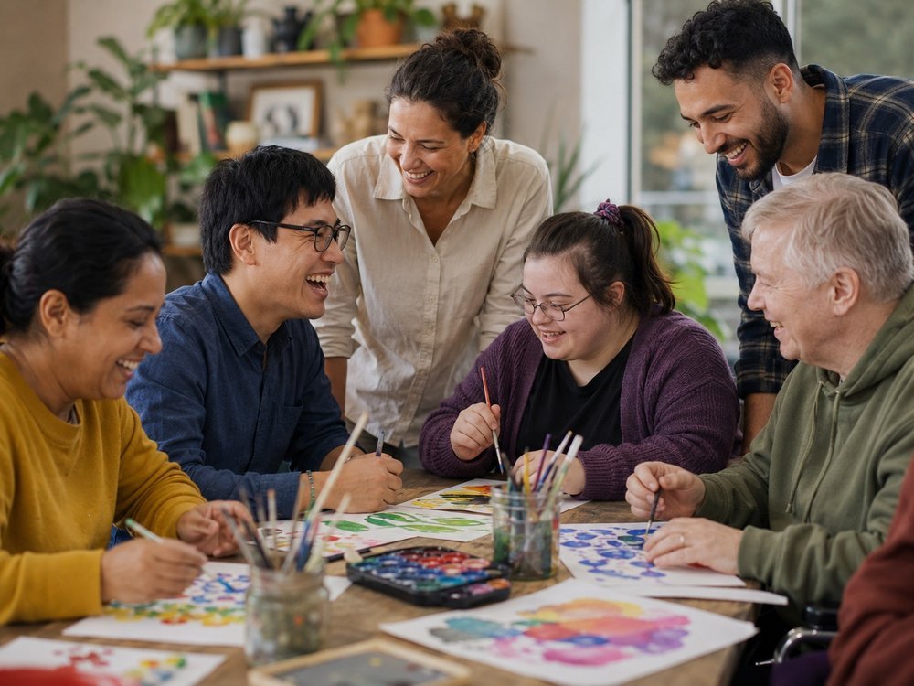 A friendly group taking part in an art and craft activity together