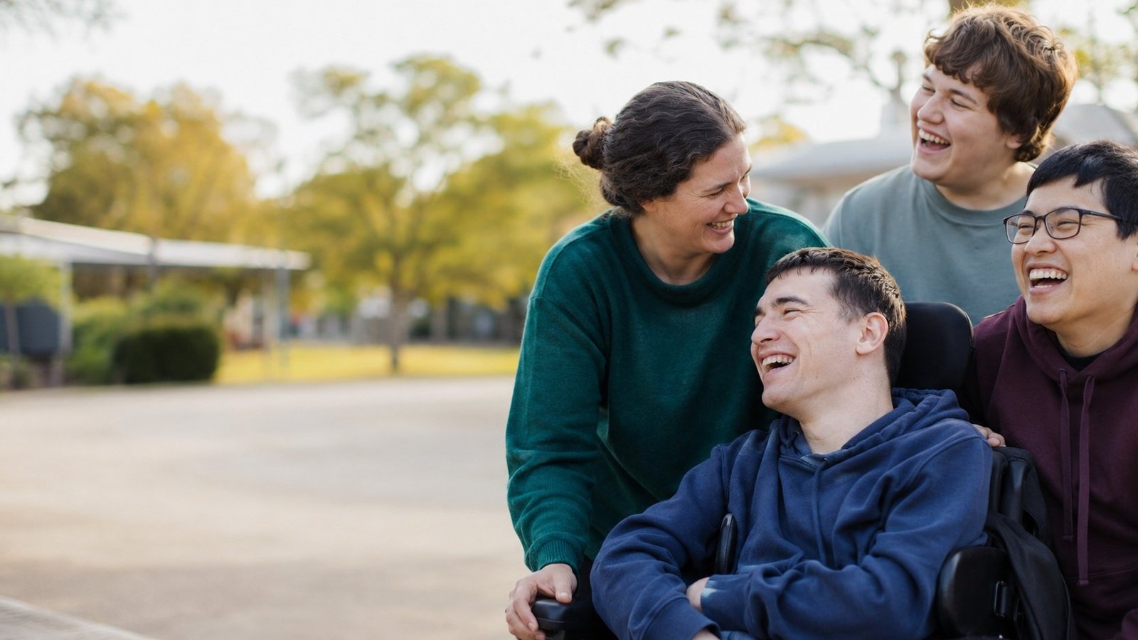 A support worker and three happy young people, including a wheelchair user, laughing together outdoors