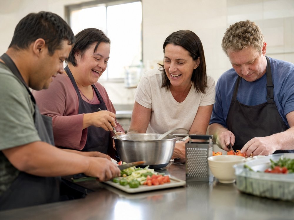 A friendly group cooking together in a community kitchen