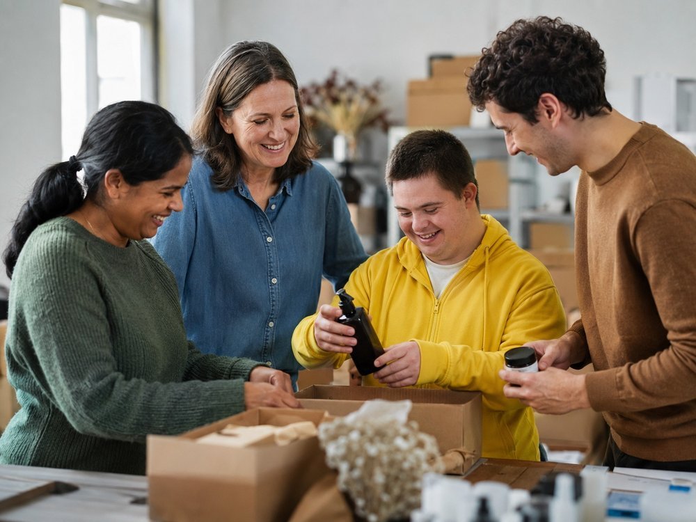 A young man with Down syndrome working alongside a supportive team, packing products