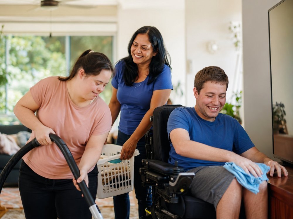 A participant and support worker going about daily life at home