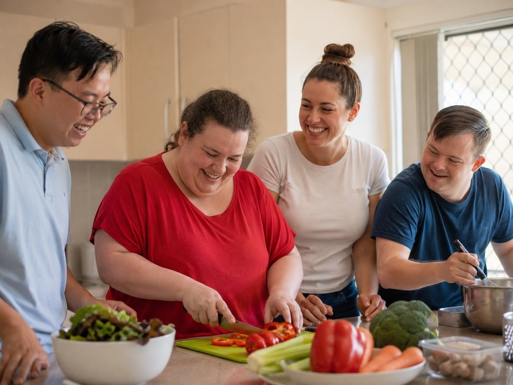 Four housemates preparing a fresh meal together in their kitchen with support