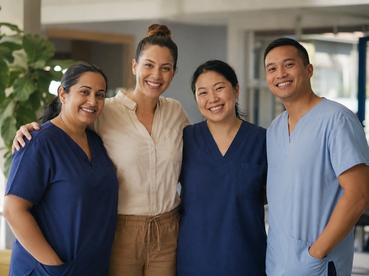 A warm, friendly team of support workers chatting and smiling together in a bright, welcoming space